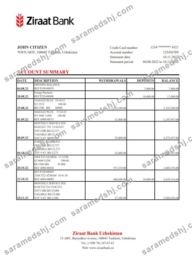 Uzbekistan Ziraat Bank statement